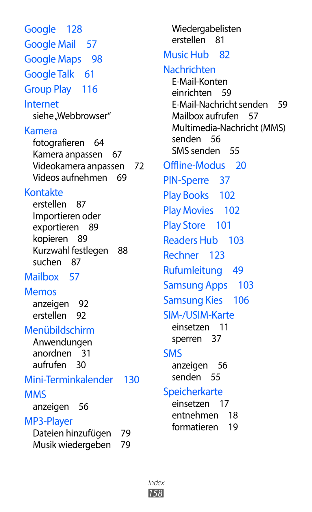 Samsung GT-I9100RWAITV, GT-I9100LKAXSP, GT-I9100LKAVIA, GT-I9100RWAEPL manual Siehe„Webbrowser, Anzeigen , SMS senden , 158 